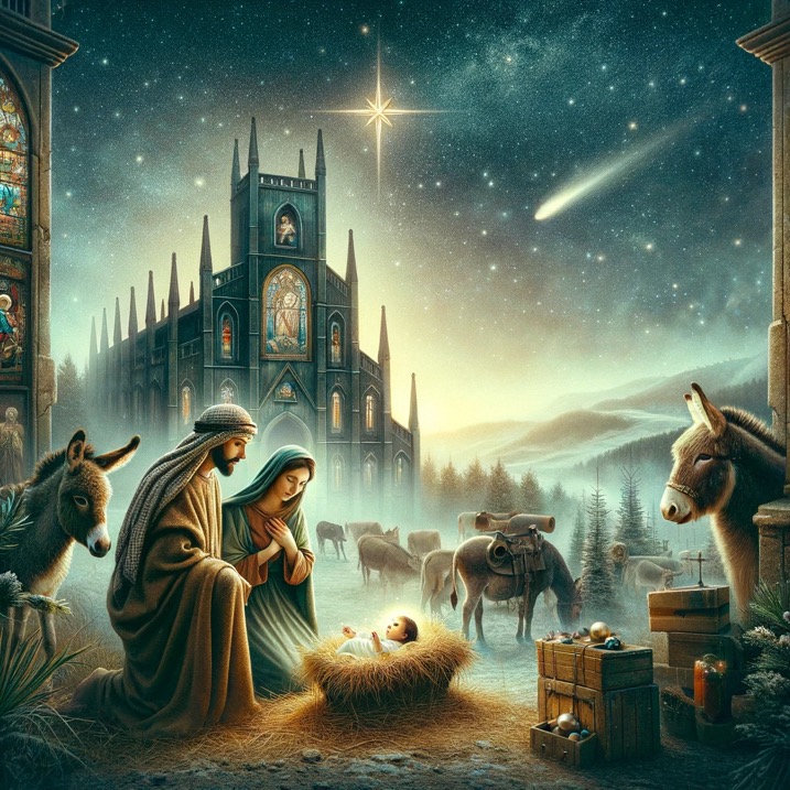 DALL·E 2023-11-09 10.30.46 - Create a surrealistic image of an advent calendar with a cozy atmosphere. The scene includes a nativity setting with Mary and Joseph, and the baby Jes