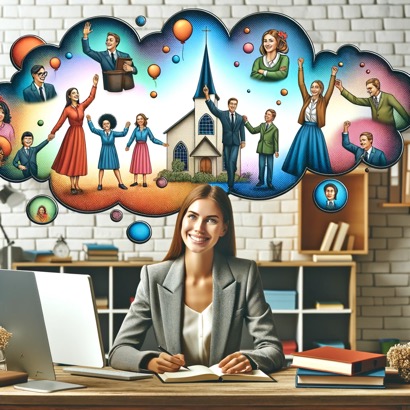 DALL·E 2023-11-20 15.39.01 - A happy female secretary in a church office, sitting at a desk with a computer, surrounded by whimsical images of people and churches floating like th